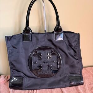 Tory Burch Ella Tote with patent leather trim.